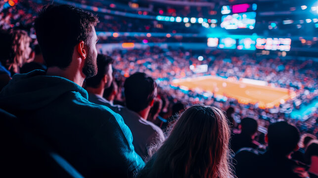 Thrilled spectators captivated by vibrant action of live basketball game unfolding on brightly lit court within massive indoor arena