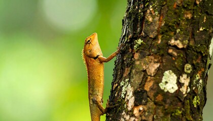 A golden lizard ascends a tree trunk with moss, set against a lush, blurred green backdrop
