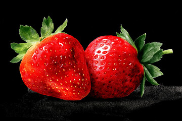 Watercolor painting of two red strawberries on black background