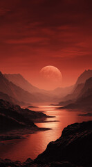 Martian valley illuminated by the setting sun with vivid red tones