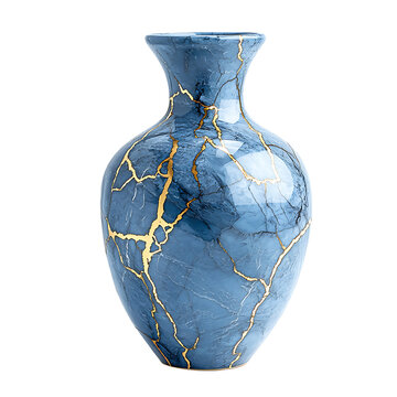 Vase blue ceramic decorative golden cracked surface kintsugi inspired art isolated on transparent background 8k png image