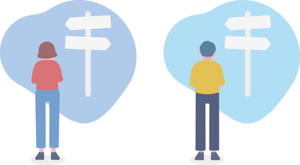 Back view of man and woman thinking in front of direction arrows sign illustration