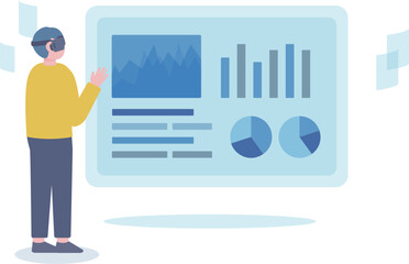 Man wearing AR goggles operating digital dashboard interface illustration