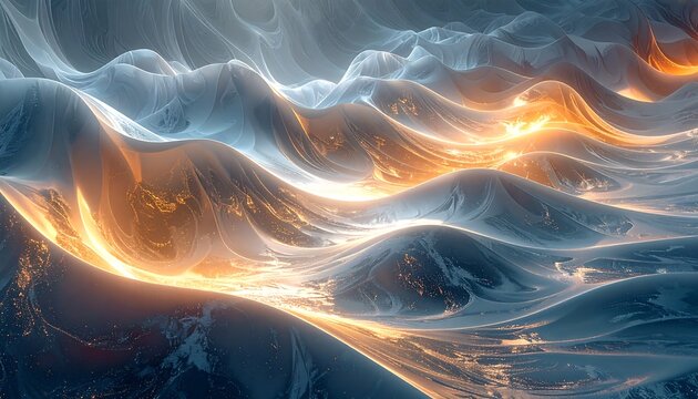 Abstract flowing waves, white and blue colors, gold accents. Ethereal texture. Soft light creates a dreamy feel