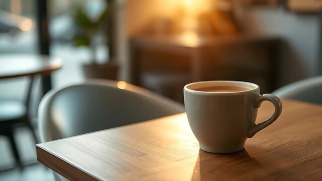 wakeup. A warm latte sits on a wooden table in a cozy cafe with morning sunlight and a soft background. bar promotions, beverage menus, designed for product packaging and bar promotions.