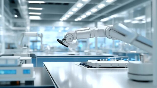 Cutting-edge lab with robotic arms and workstations, advanced manufacturing in AI labs, robotics evolution in tech innovation, industrial automation in research settings, future en