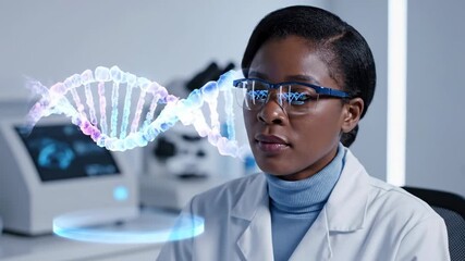 African American woman scientist examines DNA double helix hologram in modern lab using microscope and computer. Genetic research and biotechnology discovery concept footage. - Powered by Adobe