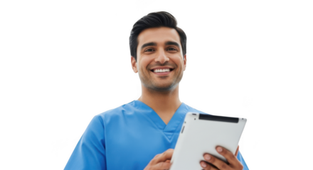 Smiling male nurse holding tablet isolated on transparent background