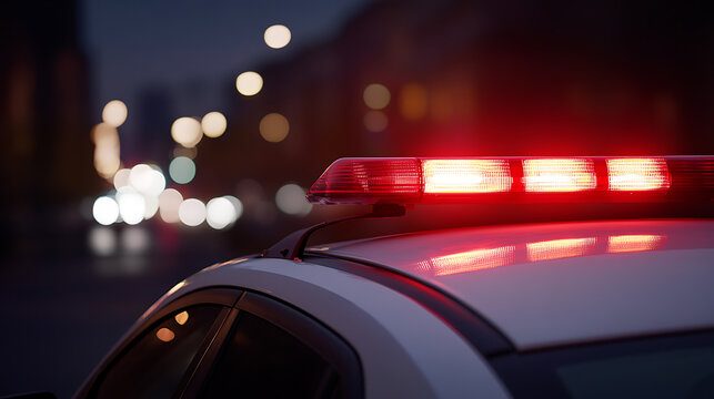 Emergency vehicle responding at night with flashing red lights. The urban scene is blurred with bokeh lights, creating a sense of urgency and focus on first responders.