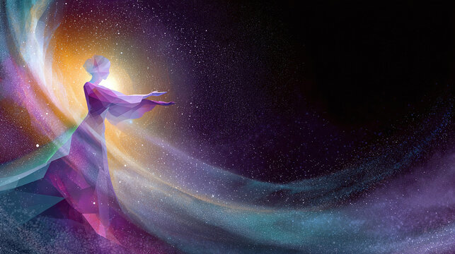 Abstract art featuring a polygonal figure emerging from a cosmic vortex. Evokes themes of enlightenment, transcendence, and spiritual journey. Ideal for inspirational or metaphysical content.
