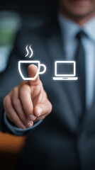 Businessman touching coffee cup and laptop icons, representing work break, remote working, office routine, productivity, business meeting preparation, workplace comfort. Vertical bg