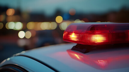 Emergency vehicle lights pierce the night, casting a red glow against a blurred cityscape. The scene conveys a sense of urgency, law enforcement, and response to an incident.