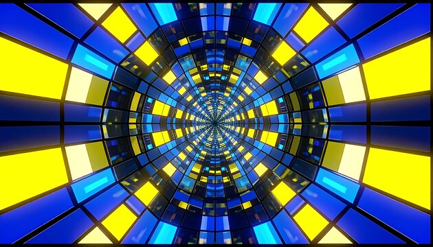 Abstract tunnel of geometric squares with glowing yellow and blue lights creating a sense of depth - Powered by Adobe