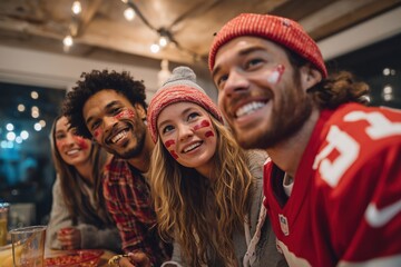 Group of diverse friends celebrating together, wearing festive attire and face paint, enjoying food and drinks at a cozy gathering, embodying joy and camaraderie during a sports event