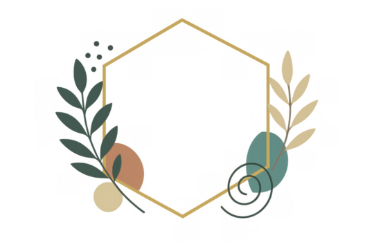 Hexagon geometric frame with green and beige leaves and abstract shapes, transparent background