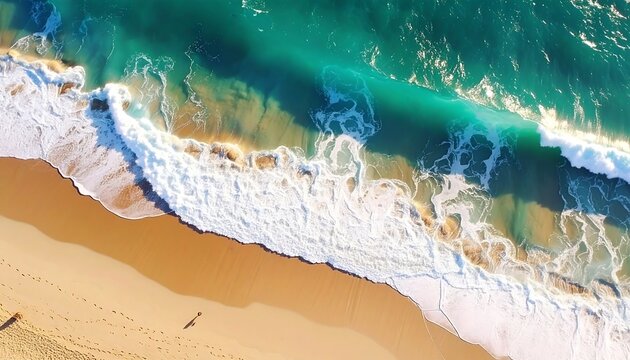 Aerial view of ocean waves crashing on sandy beach, showing turquoise water, white foam, and sandy shore