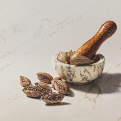 open cardamom with seeds beside pestle on marble, aromatic layout detail, ultra realistic style, isolated on white background