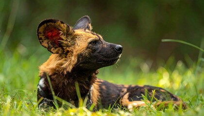 African wild dog lying in green grass, looking towards the sky with its reddish ears and mottled coat