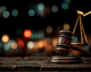 Law Gavel And Scales Of Justice On Wood With Night Bokeh Background