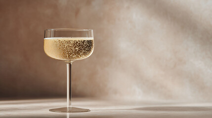 Obraz premium Elegant coupe glass filled with sparkling wine, bathed in soft light. Celebratory mood. Perfect for festive occasions, luxury, or fine dining themes. Sophisticated, minimal.