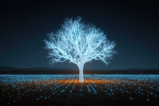 A mesmerizing tree adorned with glowing lights, standing out in a digital forest setting. The fiber optics create a magical and futuristic atmosphere in this nature scene.