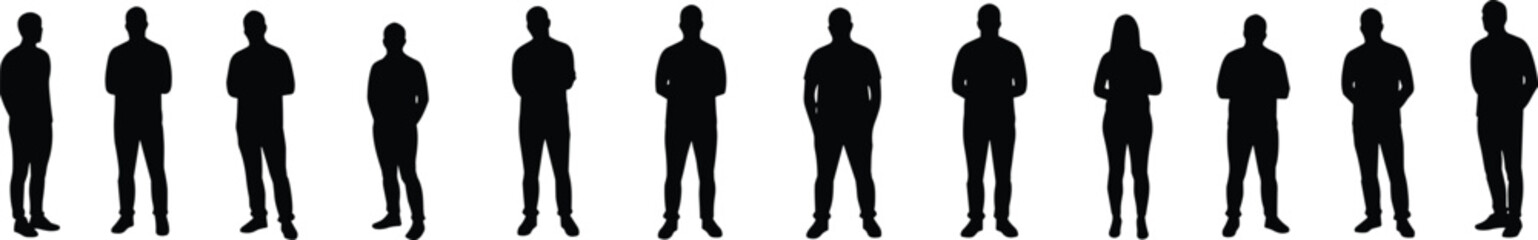 Silhouettes of people standing in row, casual stances, posture study, teamwork, group lineup, diversity, unity, body language, social behavior, illustration