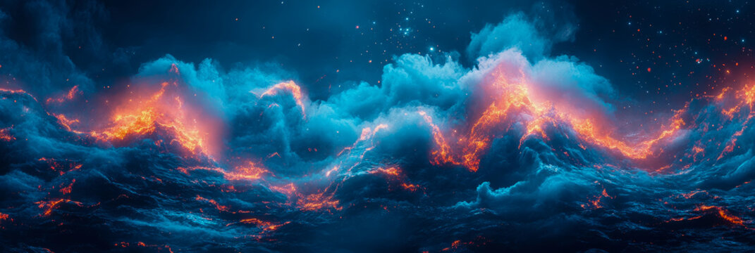 Hypnotic panorama of deep space phenomenon, featuring glowing orange plasma streams weaving through ethereal blue cosmic clouds and distant stars
