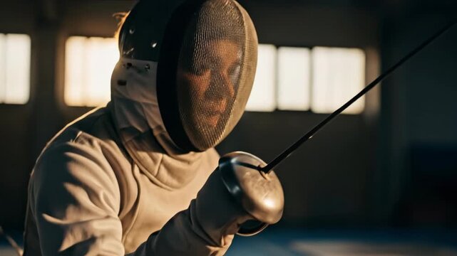 Asian woman fencer in protective mask thrusting epee sword during lunge. Dynamic fencing training action in indoor sports hall. Competitive sword fighting sequence footage