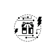 Obraz premium A creative smart bundle icon representing a high-tech delivery system. The black package with circular digital patterns, surrounded by dotted lines and lightning bolts, symbolizes speed, innovation