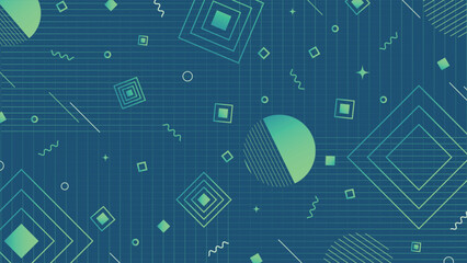 Contemporary geometric background featuring green abstract shapes lines and grid patterns on blue backdrop ideal for posters web banners presentations and modern digital artwork