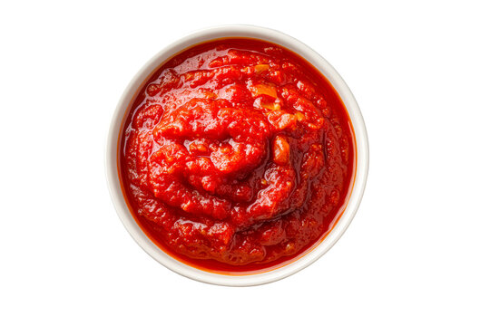 Close-up view of rich red tomato sauce in a white bowl on a transparent background, cut out