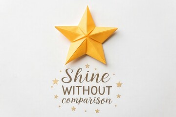Yellow origami star with Shine WITHOUT comparison motivational text on white background
