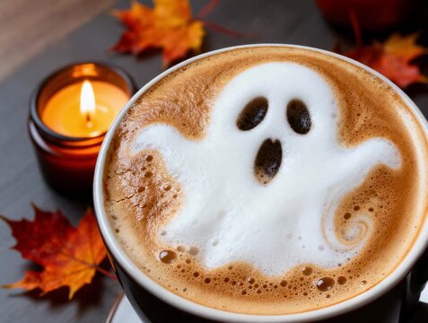 Halloween Coffee with Ghost Foam Art