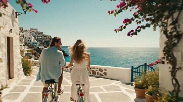 Young couple walking hand in hand through whitewashed alleyway in coastal village. Man and woman stroll with bikes past blue shutters and sea view. Romantic summer vacation footage.