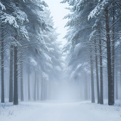 winter forest in the fog
