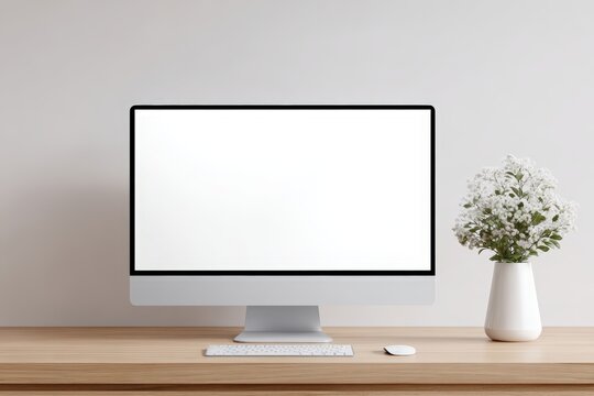 Modern desktop workspace featuring an empty computer monitor, minimalist wooden desk, and a vase of fresh flowers, ideal for creative design mock up with copy space