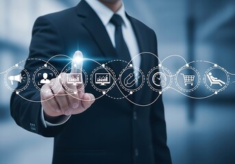 Businessman interacting with digital marketing icons