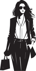 Modern professional woman in smart casual outfit, confident walking pose, sleek vector silhouette black