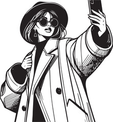 This title is clear, descriptive, and covers all the key elements: the subject (stylish woman), the action (taking selfie), and the file type (vector illustration).