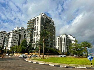 A modern residential area in Israel. New buildings, a cozy residential complex. Apartment buildings