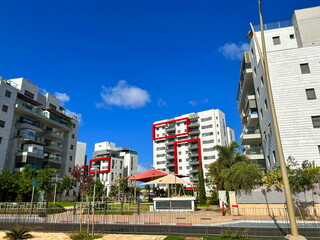 A modern residential area in Israel. New buildings, a cozy residential complex. Apartment buildings