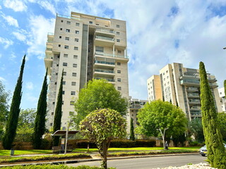 A modern residential area in Israel. New buildings, a cozy residential complex. Apartment buildings