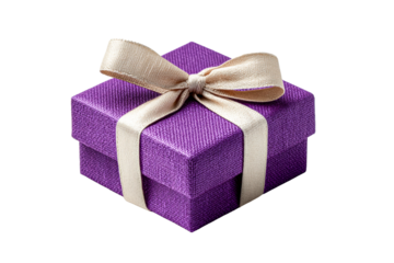 Textured purple gift box with golden ribbon bow on a transparent background, cut out