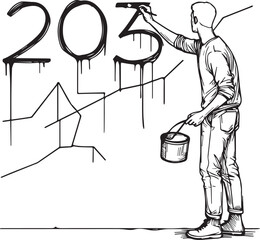 Young 2025 artist painting wall, relaxed modern outfit, creative pose, thin line vector black art