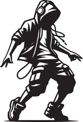 Casual modern teen dancing to music, hoodie and cargo pants, movement flow, clean vector black icon