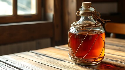 demijohn. Wicker-wrapped glass bottle with amber liquid on a rustic wooden table. bar promotions, beverage menus, designed for food & beverage menus and cafe branding.