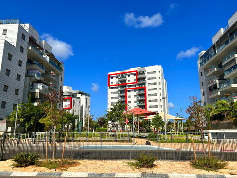 A modern residential area in Israel. New buildings, a cozy residential complex. Apartment buildings
