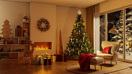 Christmas tree Large luxury modern bright interiors Living room mockup illustration 3D rendering image