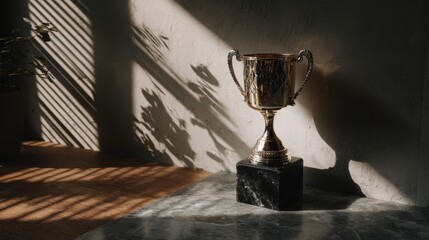 A golden trophy cup on a dark black base