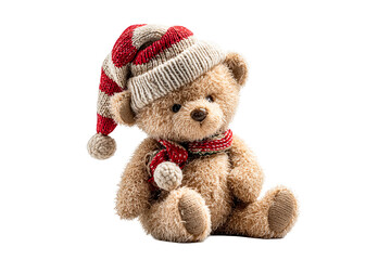 Fuzzy teddy bear wearing winter hat and scarf on a transparent background, cut out